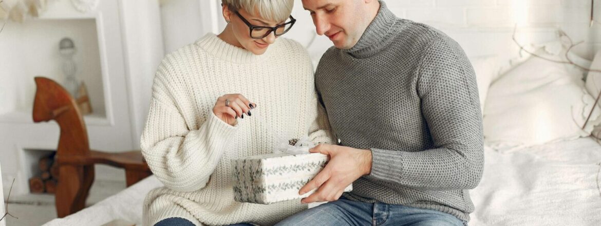 Man giving wife wellness gifts